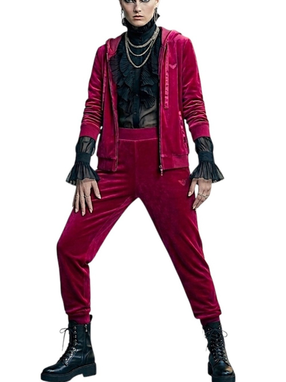 Emporio Armani designer cranberry red velour matching hoodie jogger lounge set L